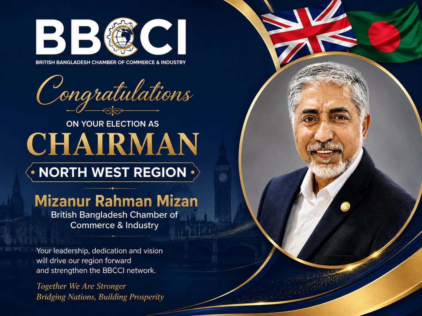 BBCCI congratulations graphic on the election of Mizanur Rahman Mizan as Chairman, North West Region