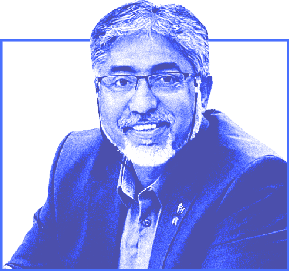 Duotone blue portrait of Mizanur Rahman Mizan